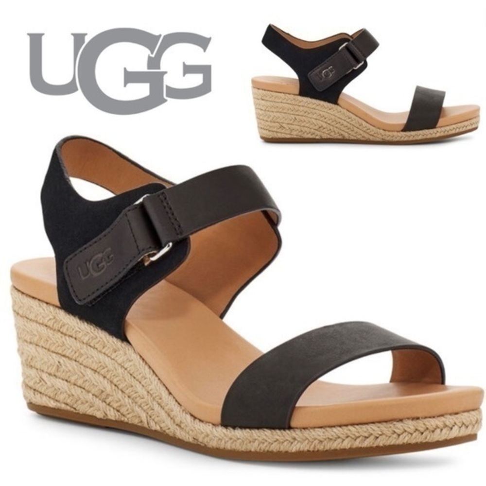 UGG Eisley Wedge Sandals Espadrilles Black Leather Ankle Strap Size 9